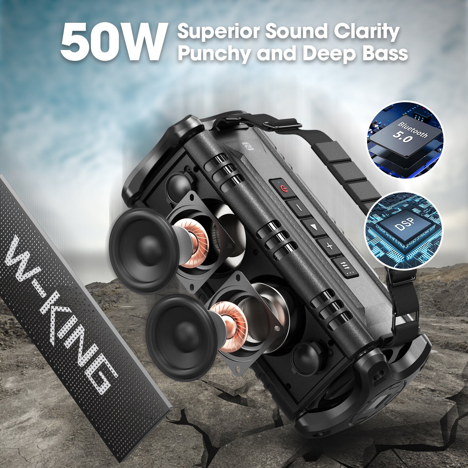 W-KING D8 50W RMS Outdoor Bluetooth Speaker with Deep Bass (90W Peak)