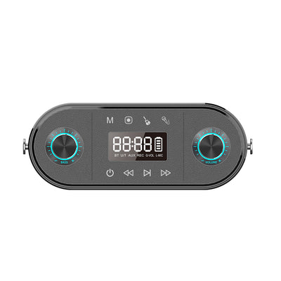 Portable Bluetooth speaker control panel with LED display, bass and volume dials, and playback buttons