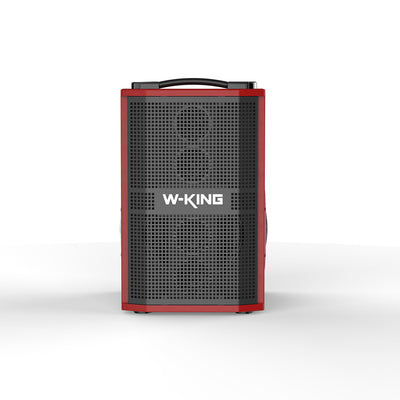 Red portable Bluetooth party speaker with carrying handle and front mesh grille