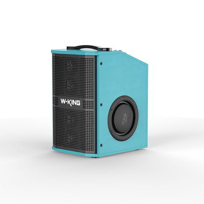 Blue portable Bluetooth party speaker with side subwoofer and metal grille front.