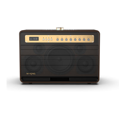 Portable outdoor Bluetooth speaker with control panel, built-in mic, and retro design