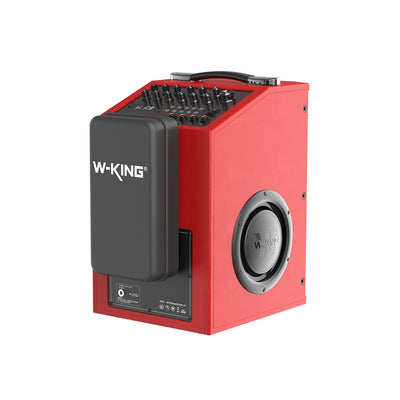 Red portable Bluetooth party speaker with mixer controls and side subwoofer