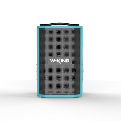 Portable outdoor Bluetooth speaker with handle, black mesh front and blue trim.