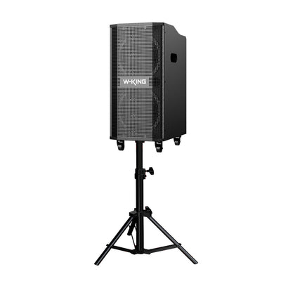 Portable outdoor Bluetooth party speaker on tripod stand, black, with front grill and side handle.