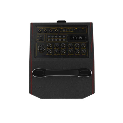 Portable Bluetooth speaker with control panel, multiple input ports, and black handle