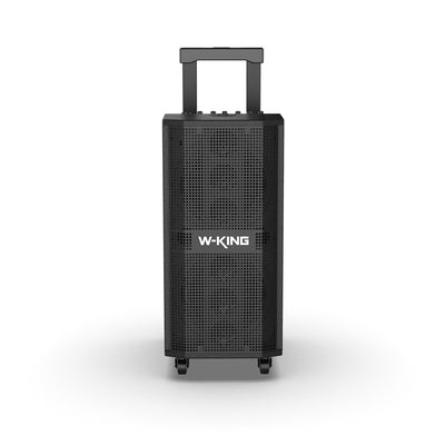 Portable outdoor Bluetooth speaker with handle and wheels, black, front view