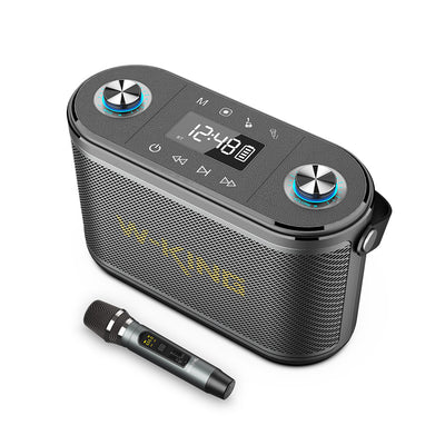 Portable Bluetooth speaker with digital display and wireless microphone for outdoor parties