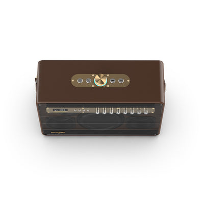 Brown portable Bluetooth speaker with gold control panel, knobs, and retro design