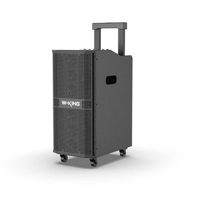 Portable outdoor Bluetooth party speaker with wheels, pull handle, and mesh front panel