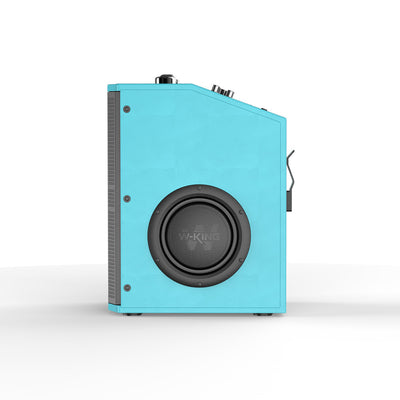 Portable blue outdoor Bluetooth speaker with side subwoofer and control knobs